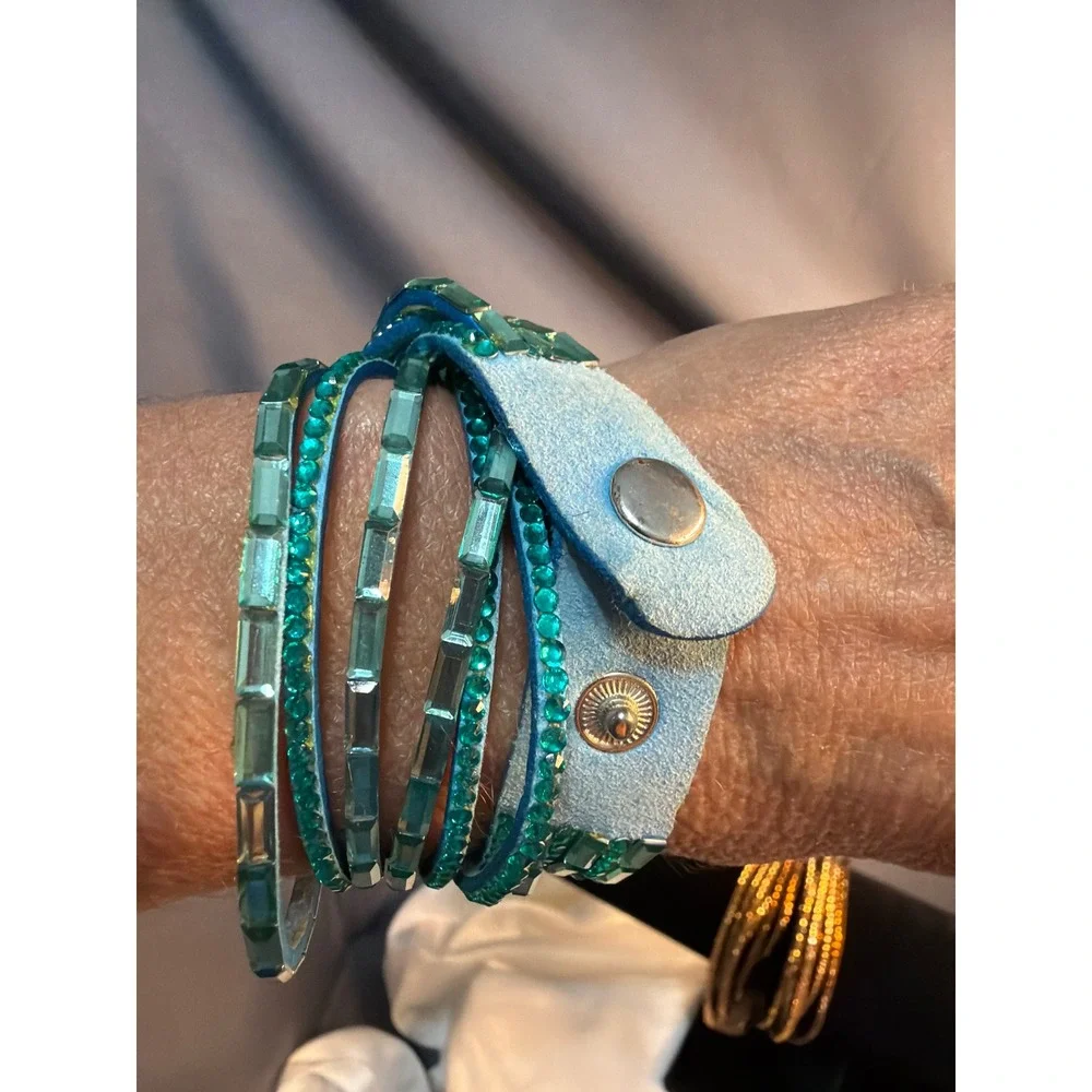 Crystal Wrap Bracelet Set Teal Amber Rhinestone Faux Suede Boho Stackable 2pc